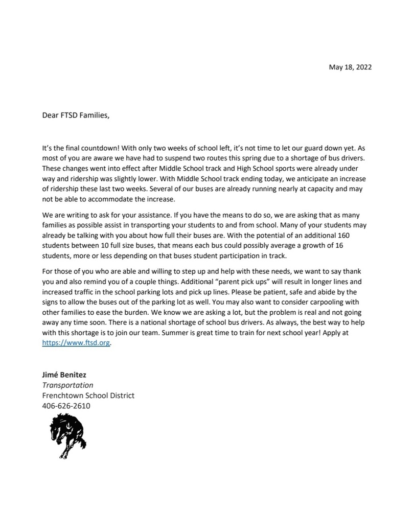 May 18 Letter to Parents
